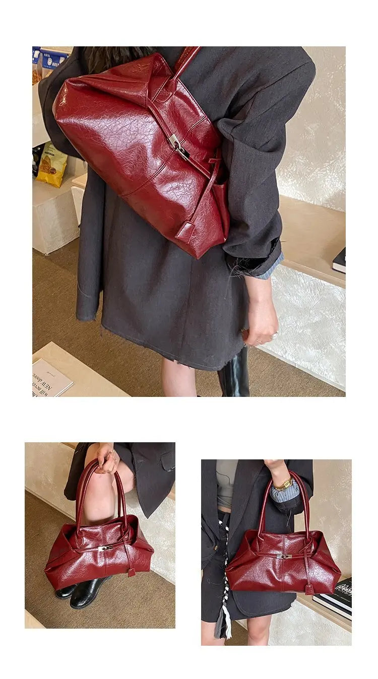 2026 New Large Capacity Soft Leather Pleated Women's Handbag Retro Commuter Tote Bag Quality Single Shoulder Slant Bag
