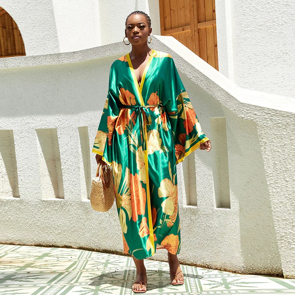 Long Kimono Bath Robe Gown Wide Sleeve Print Flower Robe Women Satin Nightgown New Silk Satin Nightdress V-Neck Lounge Sleepwear