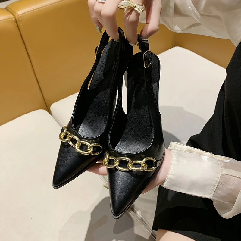 Summer Women Sandals Elegant Versatile Women High Heels Party Wedding Fashion Point-toe Ladies Causal Dresses Shoes Metal Chain
