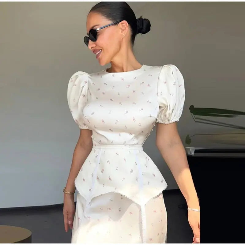 Women's White Floral Print Puff Sleeve Dress With Waistband Fashion Satin Ruffled Hem Maxi Dress