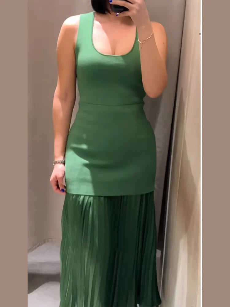 Chic Splicing Brown Half Sleeve Maxi Dress Women's Casual Pleated A-line Slim Vestidos Female Office Commute Street Robes
