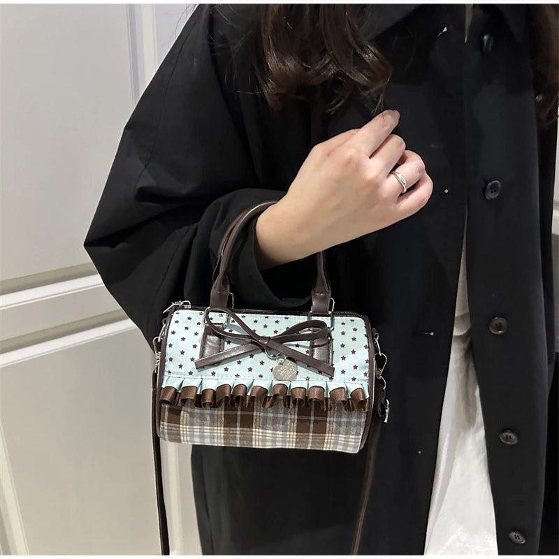 Korean Bow Pillow Bag Women Star Checkered Handbag Blue Brown Pleated Edge Shoulder Bag Cute Heart-shaped Pendant Crossbody Bag