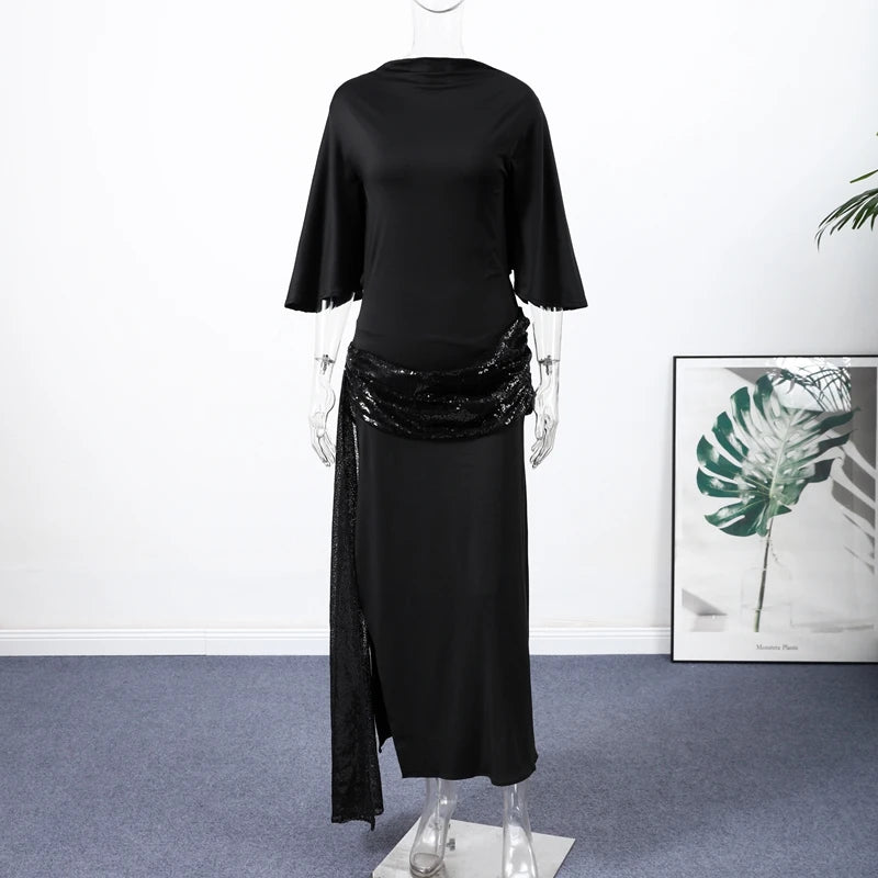 Sequined Patchwork Evening Dress Women Sexy Backless Half Sleeve Slim Hip Package Long Dresses Fashion Elegant Party Robes Lady