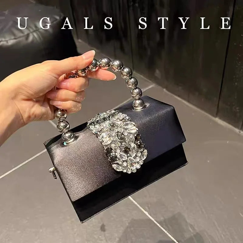 Luxury Designer Satin Square Box Crystal Shiny Diamonds Evening Bag Women's Handbag Wedding Party Clutch Purse Crossbody Bag