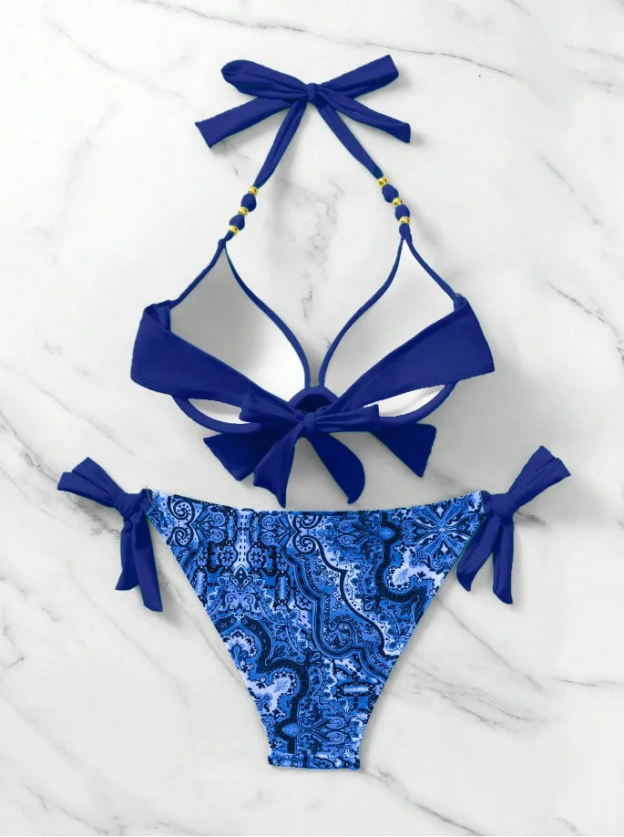 Push Up Halter Bikini Printed Swimsuit Women Sexy Strappy Swimwear Female Bathers Bathing Swimming Swim Suit Beachwear