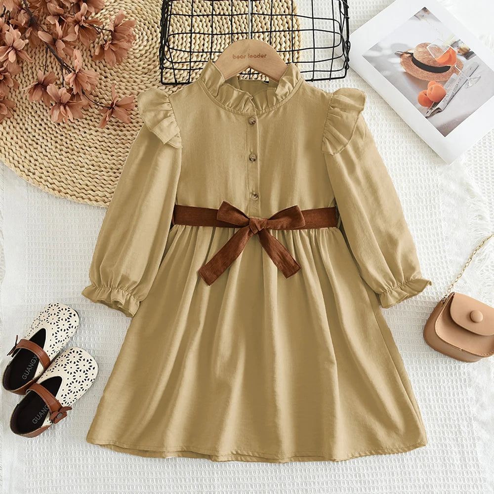 Autumn Plain Long Sleeved Stand Collar Tied Dress Solid Color Kids Dresses for Girls Daily Casual Clothes 3-7 Years Old