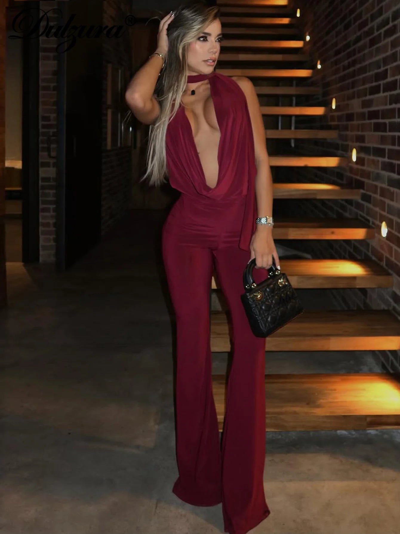 Dulzura Summer Solid Sexy Halter Swinging Collar Backless Slim Lace Up Flared Jumpsuit