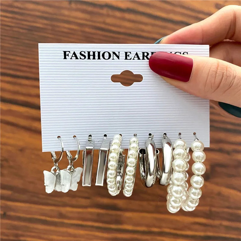 Silver Color Twist Hoop Earrings Set Brincos Heart Pearl Hoops Vintage Metal Geometric Earrings for Women 2023 Trendy Jewerly