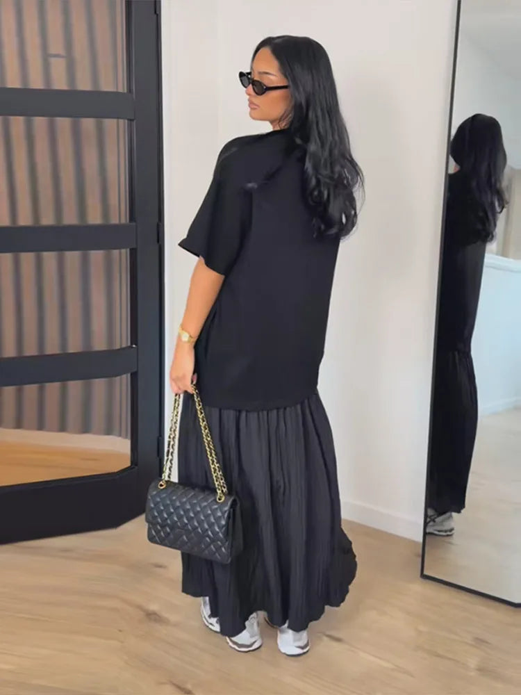 Short Sleeve Patchwork Oversized Long Dress Women Elegant O-neck Pleated Loose Party Evening Dresses Summer Casual Lady Vestidos