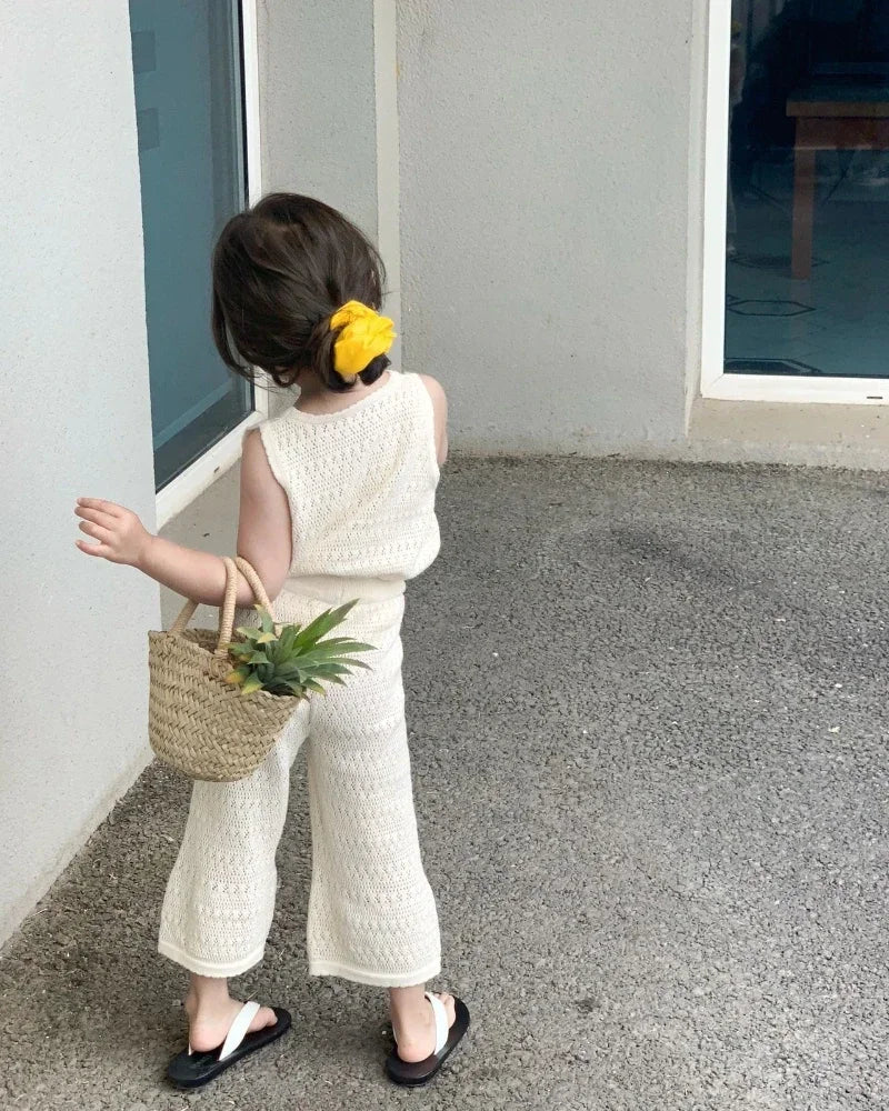 Girl's Clothing Summer Korean Thin Knitted Girl Set Children Hollow Breathable Vest + Wide Leg Pants Two-piece Suit