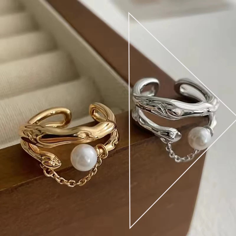 PANJBJ 925 Sterling Silver Pearl Irregular Ring for Women Shell Overlapping Hollow Sweet Design Jewelry Gift Dropshipping