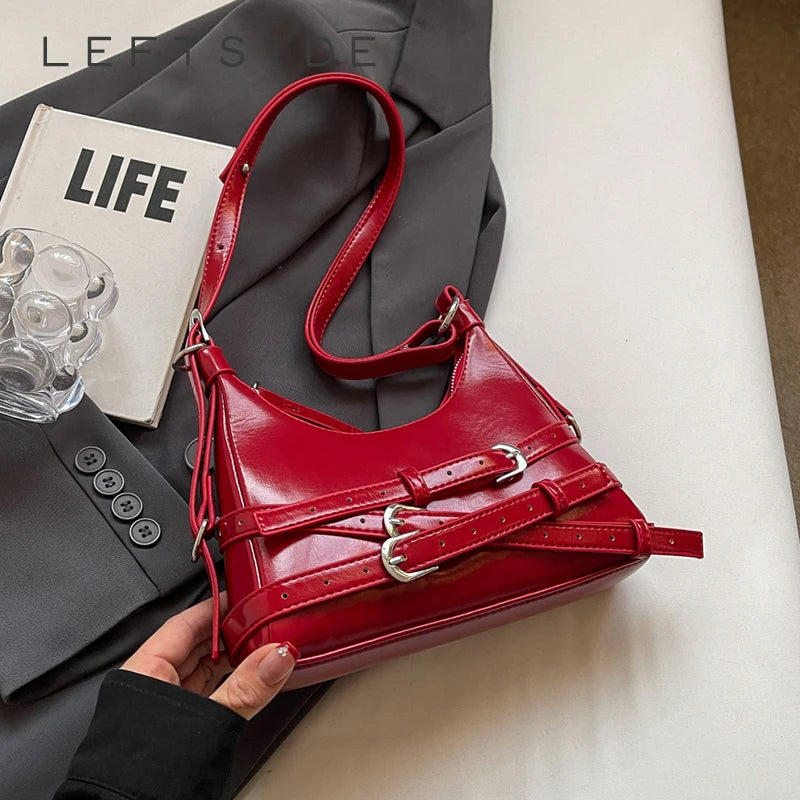 LEFTSIDE Belt Design Small PU Leather Shoulder Bags for Women 2025 Y2K Korean Fashion Crossbody Bag Lady Red Handbags and Purses
