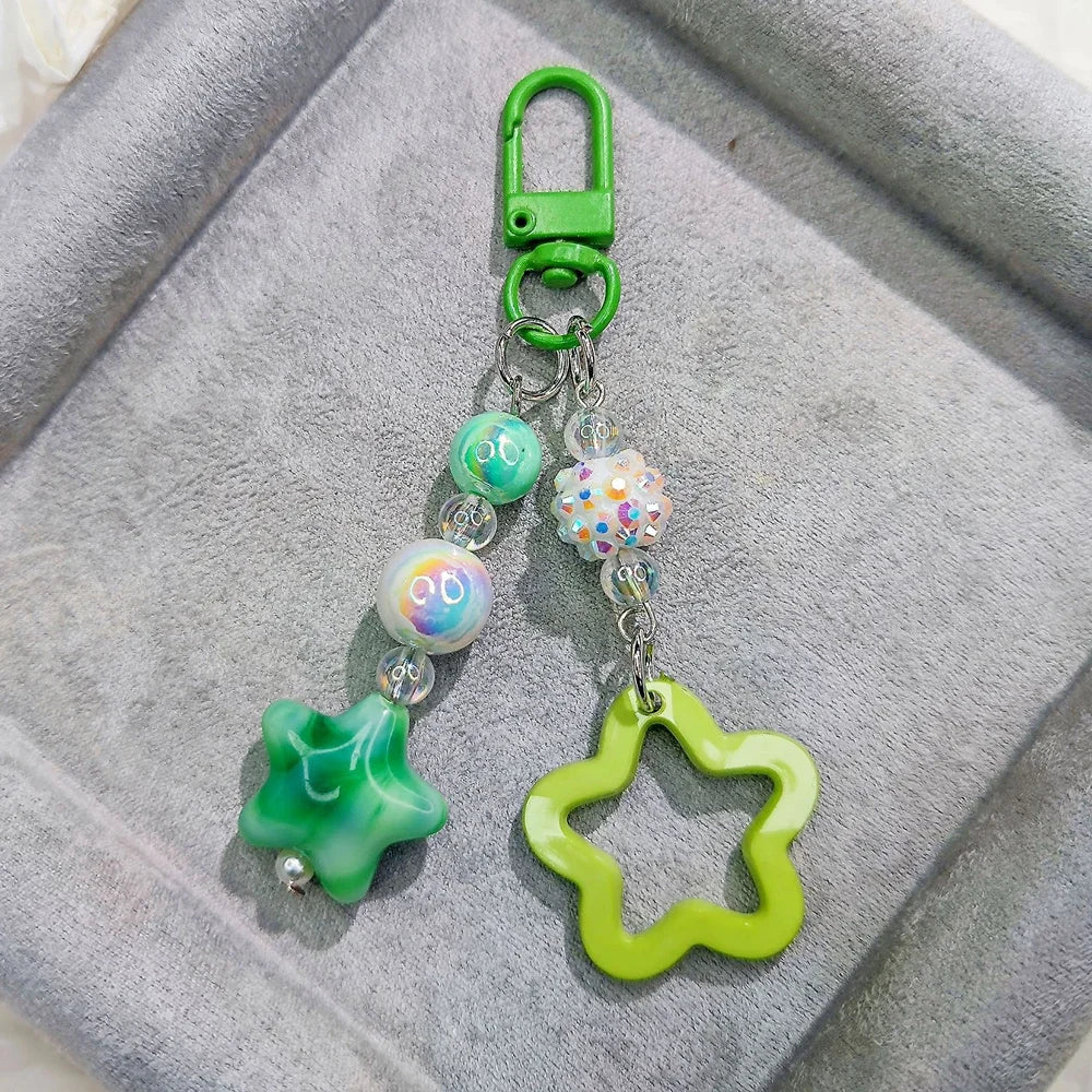 Gradient Color Star Beaded Keychain Imitation Pearl Acrylic Hollow Pentagram Keyring Girls Earphone Case Phone Decor Ornaments