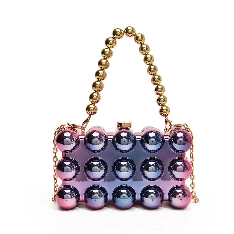Gold Beaded Chain Banquet Purse Luxury Acrylic Cake Box Bag Women Niche Design Creative High-end Brand Elegant Shoulder Handbag