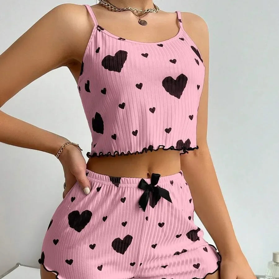 Women's Kawaii Pink Heart Print Pajama Set, Ribbed Spaghetti Strap Crop Top & Shorts, Summer Sleepwear Loungewear