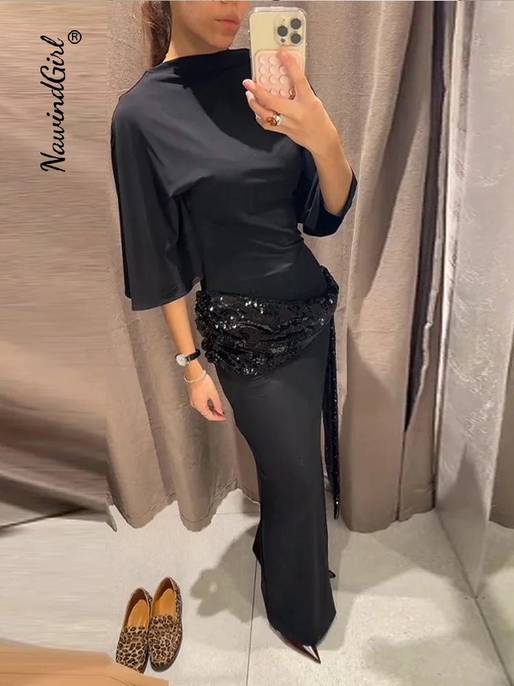 Sequined Patchwork Evening Dress Women Sexy Backless Half Sleeve Slim Hip Package Long Dresses Fashion Elegant Party Robes Lady