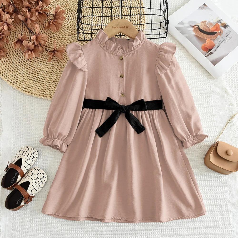 Autumn Plain Long Sleeved Stand Collar Tied Dress Solid Color Kids Dresses for Girls Daily Casual Clothes 3-7 Years Old