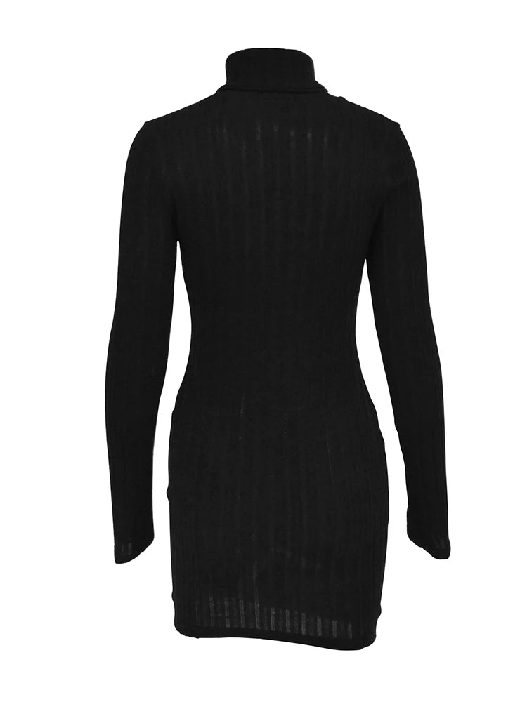 Solid Dresses Autumn Winter New Women Long Sleeves Turtleneck Sexy Bodycon Sheath Mini Dress Club Elegant Party Knitted Dresses