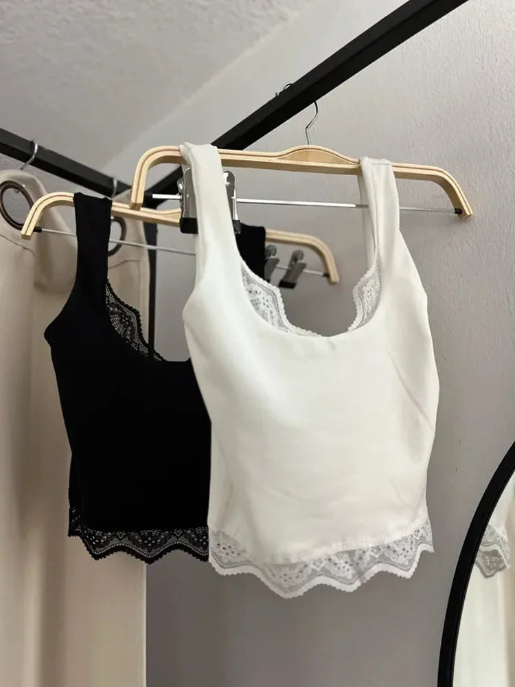 Tossy Black Lace Tank Top For Women V-Neck Backless Streetwear Spaghetti Patchwork Cropped Y2k Top Female Sexy Lace Vest 2026