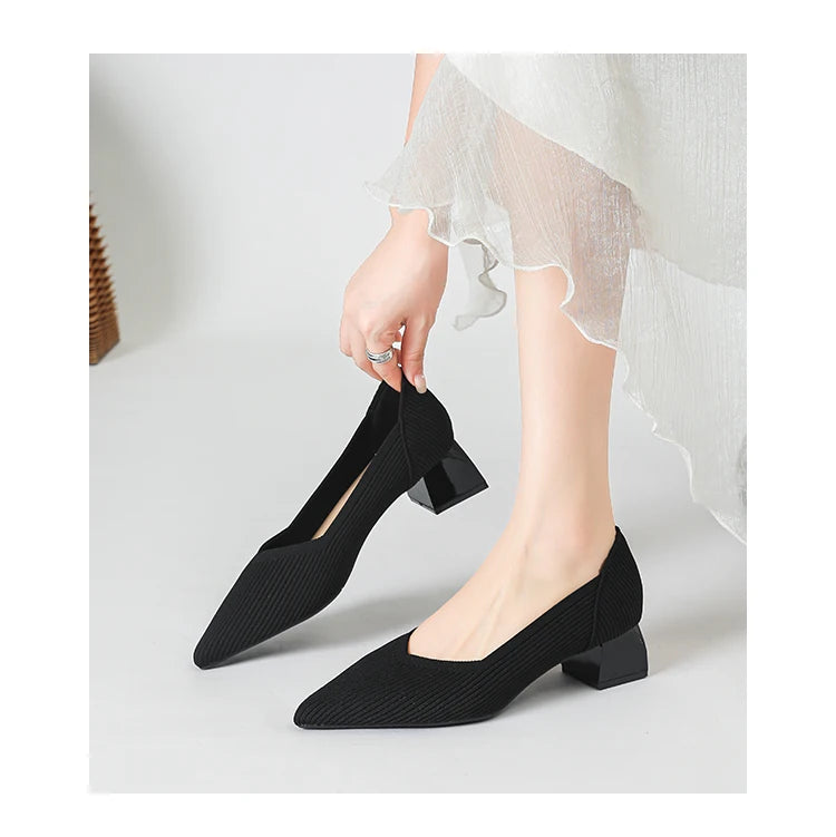 New Women's High Heels Large 42/43 Fashion Pointed Anti slip Rubber Bottom Knitted Breathable Shoes