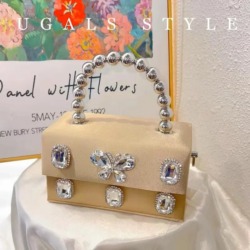 Luxury Designer Satin Square Box Crystal Shiny Diamonds Evening Bag Women's Handbag Wedding Party Clutch Purse Crossbody Bag
