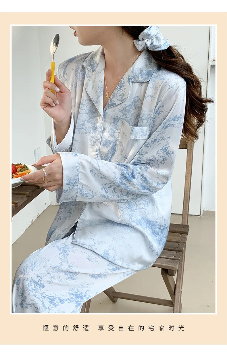 Women Sleepwear 2PCS Pajamas Set Sexy Print Flower Long Sleeve Trouser Suits Loungewear Loose Casual Satin Home Clothes Pyjama