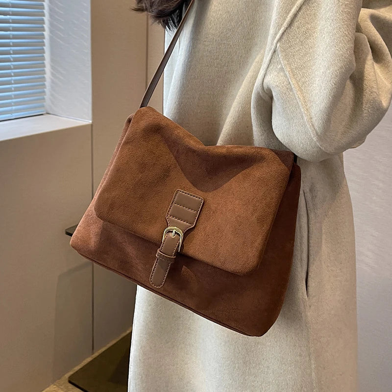 Vintage Brown Suede Soft PU Leather Women Shoulder Bags Large Capacity Crossbody Bag Tote Bag High Quality Fashion Hobo Handbags