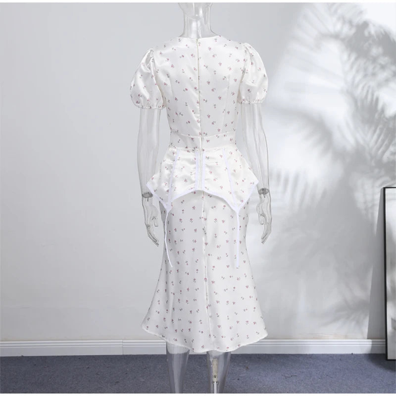 Women's White Floral Print Puff Sleeve Dress With Waistband Fashion Satin Ruffled Hem Maxi Dress