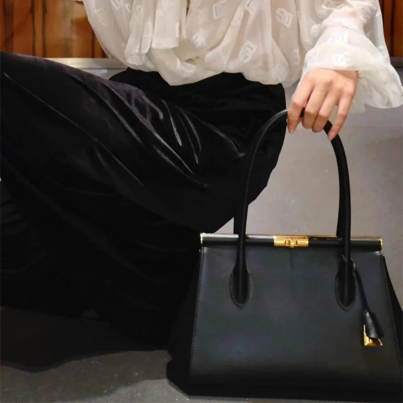 Brand Luxury Leather Handbag Large-capacity Briefcase With Gold Clasp Women Elegant Shoulder Crossbody Bag Clip Design Tote Bag