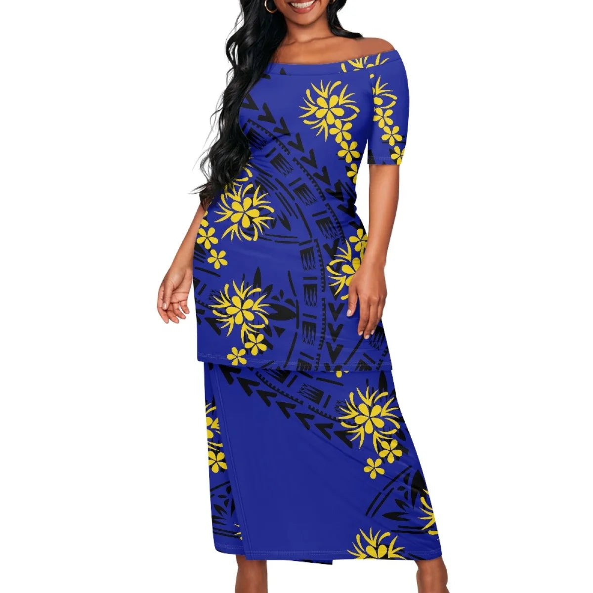 Summer Islander Women Puletasi Samoa Dresses Lady Short Sleeve Off shoulder Two Piece Set Polynesian Tribal Clothing White Print