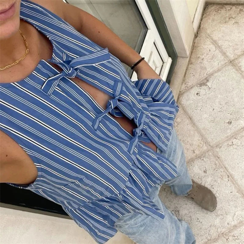 y2k Clothes Tank Top Women Elegant Striped Sleeveless Tie Up Cardigan Vest T Shirt 2000s Aesthetic Streetwear