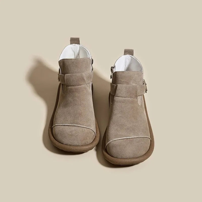 2026 New Autumn/Winter Fashion Flat Short Boots Round Toe Side Zipper Buckle Casual Splice Women's Shoes  35-40