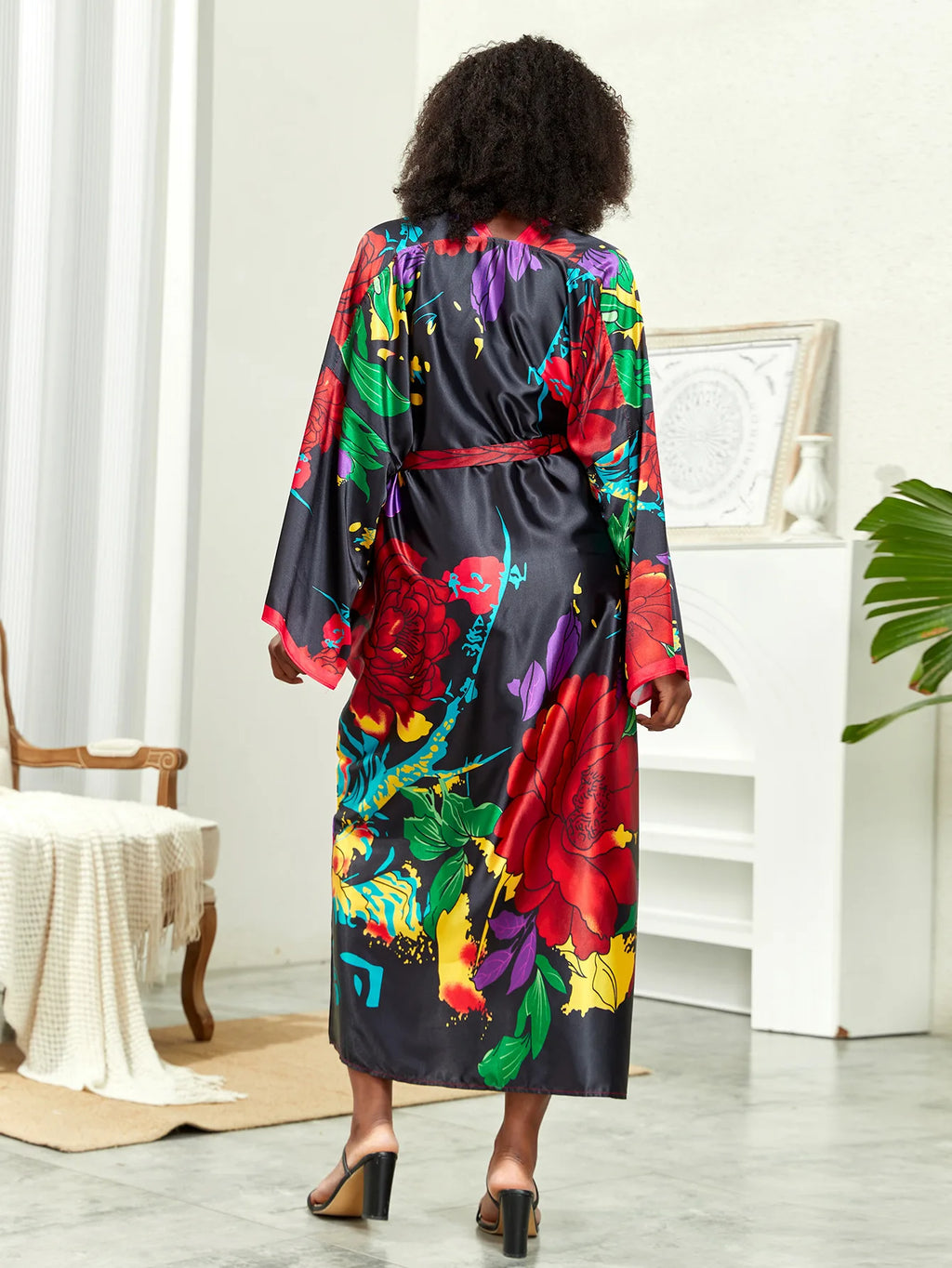 Long Kimono Bath Robe Gown Wide Sleeve Print Flower Robe Women Satin Nightgown New Silk Satin Nightdress V-Neck Lounge Sleepwear