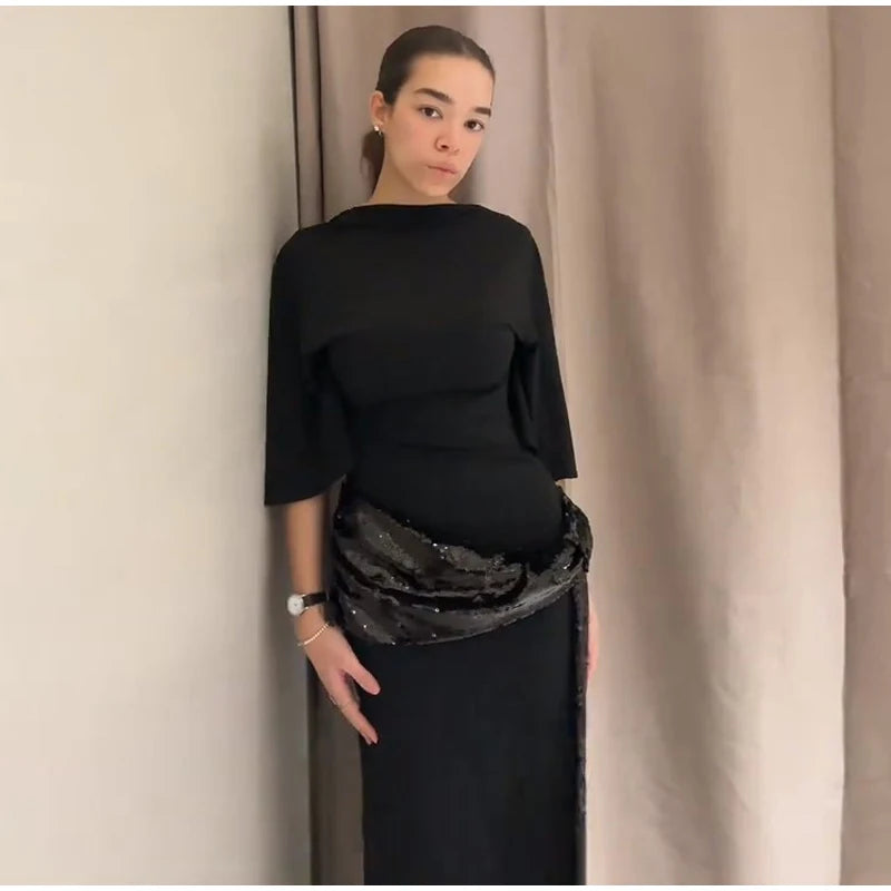 Sequined Patchwork Evening Dress Women Sexy Backless Half Sleeve Slim Hip Package Long Dresses Fashion Elegant Party Robes Lady