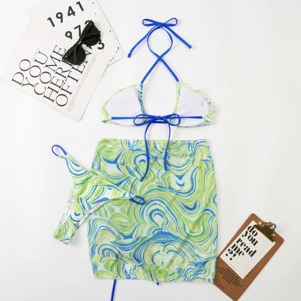 3 Pieces Bikini Set With Skirt  Tie Dye String Thong Bathing Suit Women Swimsuit Female  Swimwear Beach Wear Swim Lady Summer