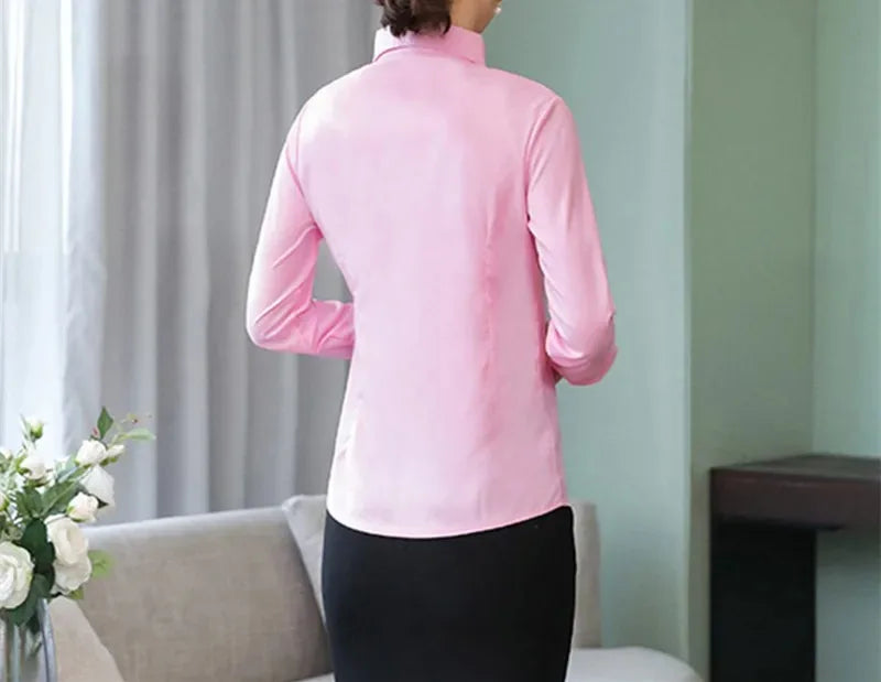 Elegant Women Shirts Woman White Shirt Long Sleeve Blouse Office Lady business Pink Shirts Button Solid Women work Blouses Tops
