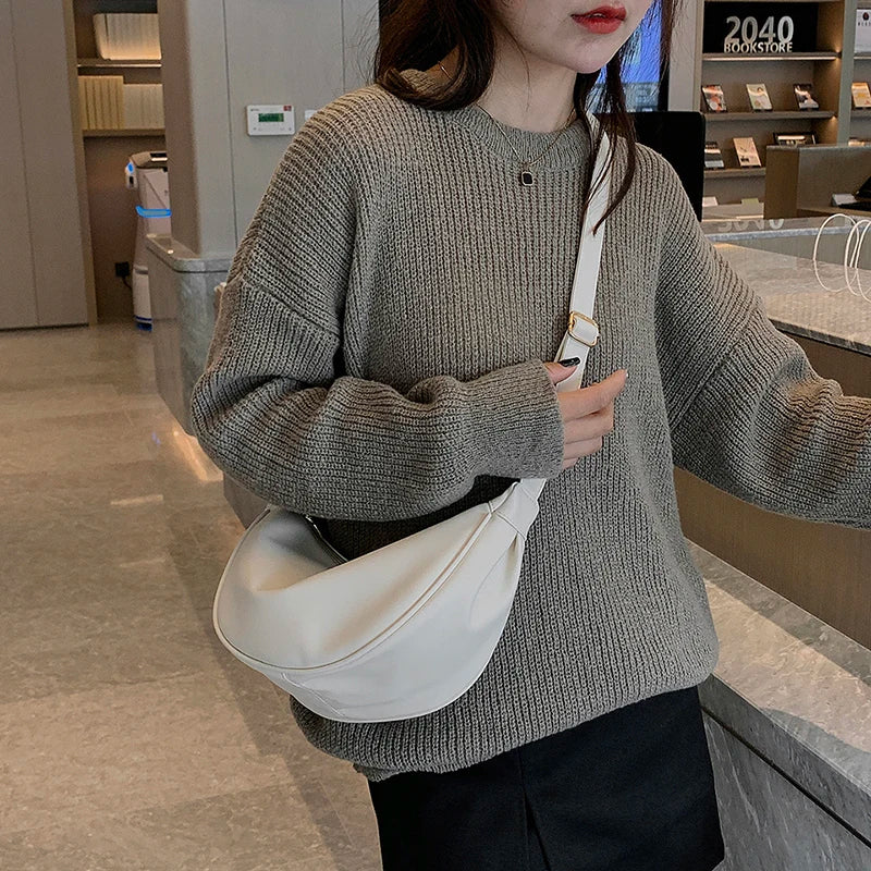 Half Moon Small PU Leather Zipper Crossbody Bags For Women Solid Color Shoulder Handbags 2025 Trends Winter Luxury Brand