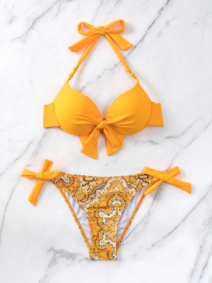 Push Up Halter Bikini Printed Swimsuit Women Sexy Strappy Swimwear Female Bathers Bathing Swimming Swim Suit Beachwear