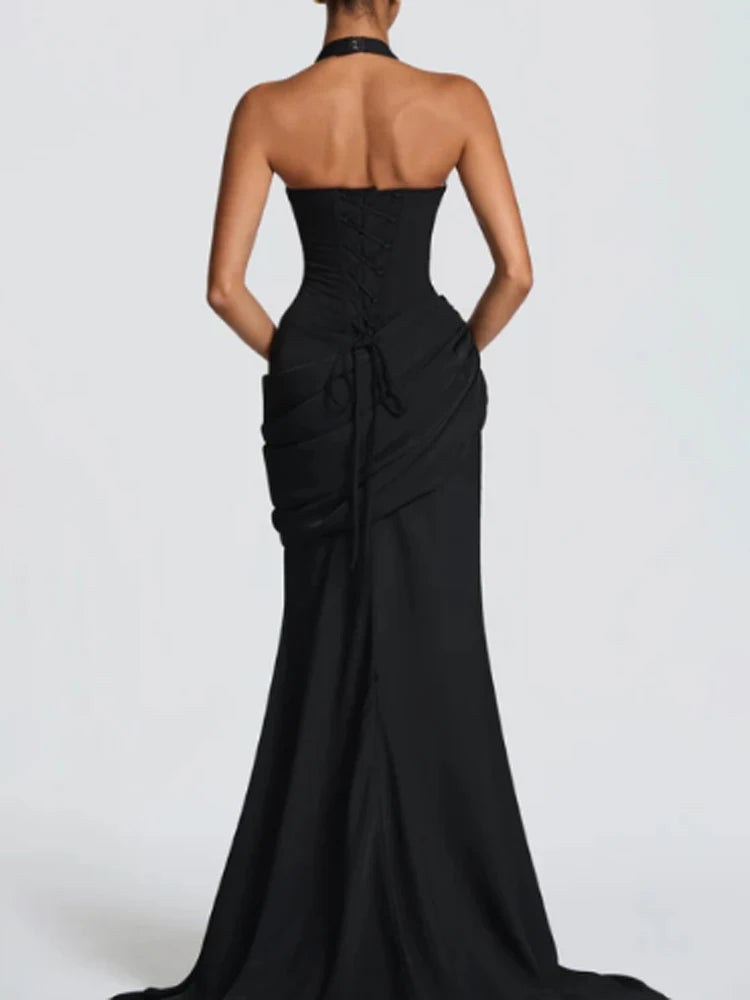 Sexy Yellow Mermaid Maxi Dress Halter Plunging V Neck Pleated Bust Ruched Waist Bodycon Dresses Trendy Social Gathering Vestido