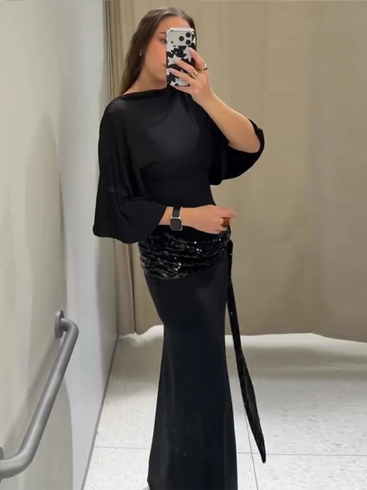 Sequined Patchwork Evening Dress Women Sexy Backless Half Sleeve Slim Hip Package Long Dresses Fashion Elegant Party Robes Lady