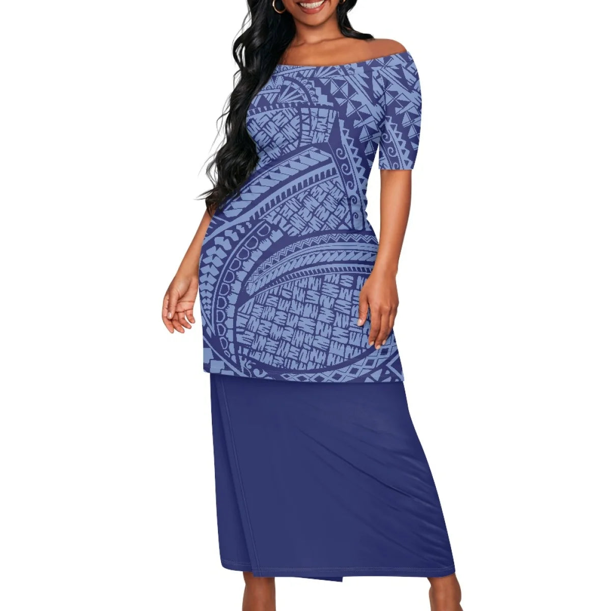 Summer Islander Women Puletasi Samoa Dresses Lady Short Sleeve Off shoulder Two Piece Set Polynesian Tribal Clothing White Print