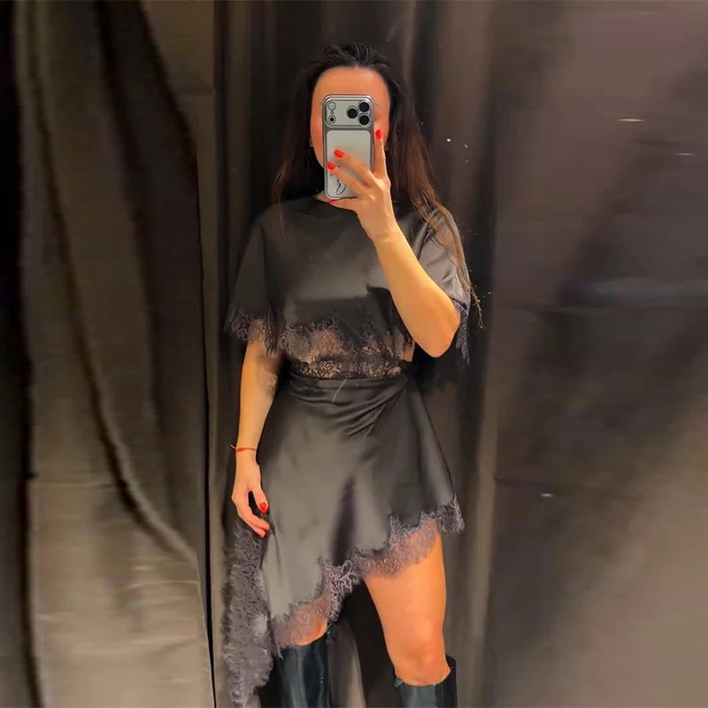 Lace Women's Dress Opening Design Solid Dress Female Sexy O-Neck Hollow Waist Elegant Party Dresses Slanted Hem Dresses Ladies