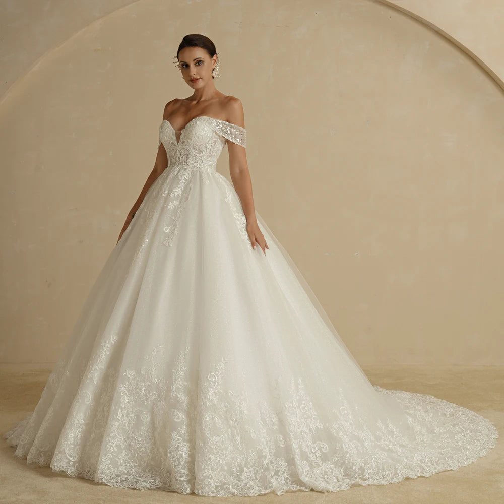 BEPEITHY Customized Luxury Strapless A Line Glitter Wedding Dresses Off The Shoulder Women Ivory Bling-Bling Bride Bridal Gown