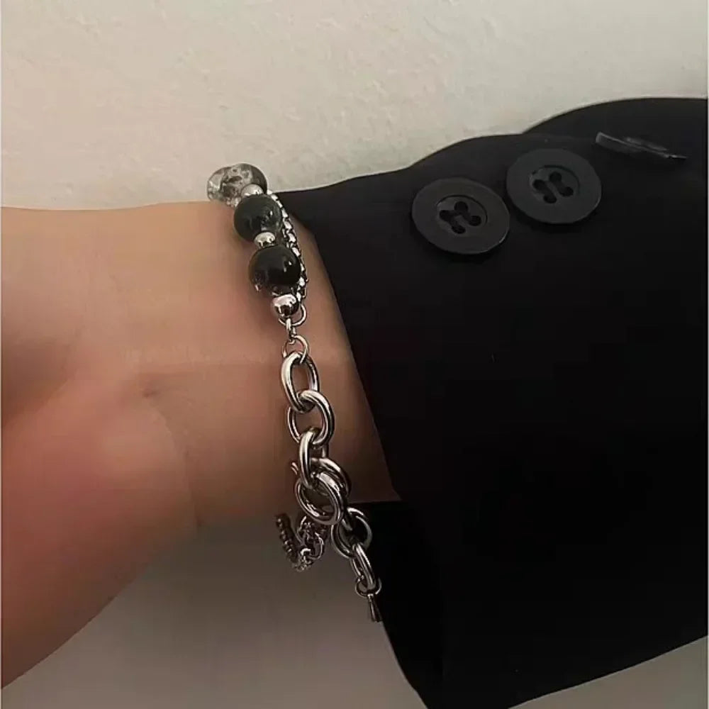 Retro Black Cracking Beads Bracelet for Men Women Stainless Steel Double Layered Chain Fashion Hip-pop Jewelry Pulseras