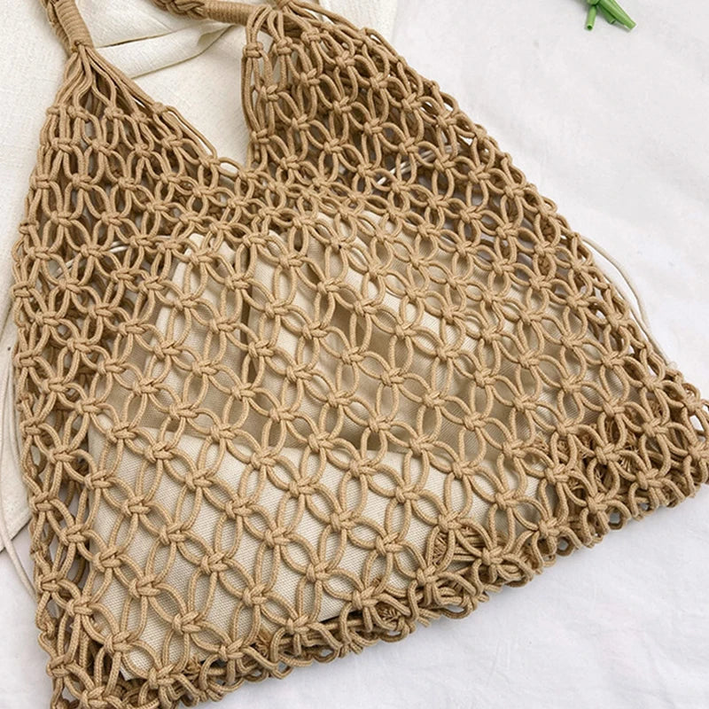 Summer Woven Bag for Women Handbags Handmade Knitted Beach Boho Shoulder Bag Large Tote Bag Hollow Out Shopping Bag