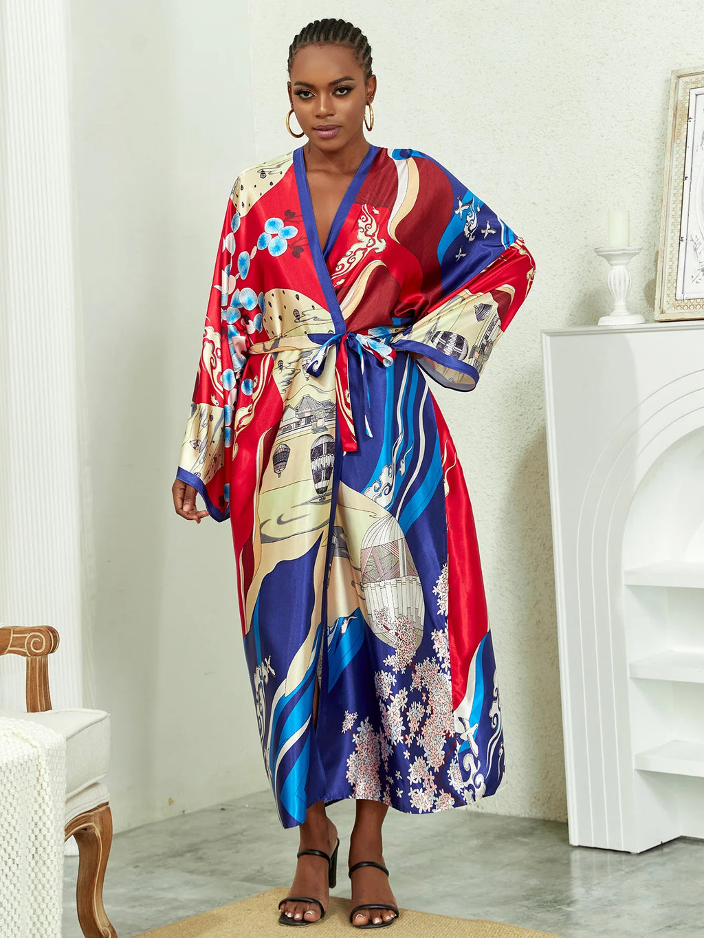 Long Kimono Bath Robe Gown Wide Sleeve Print Flower Robe Women Satin Nightgown New Silk Satin Nightdress V-Neck Lounge Sleepwear