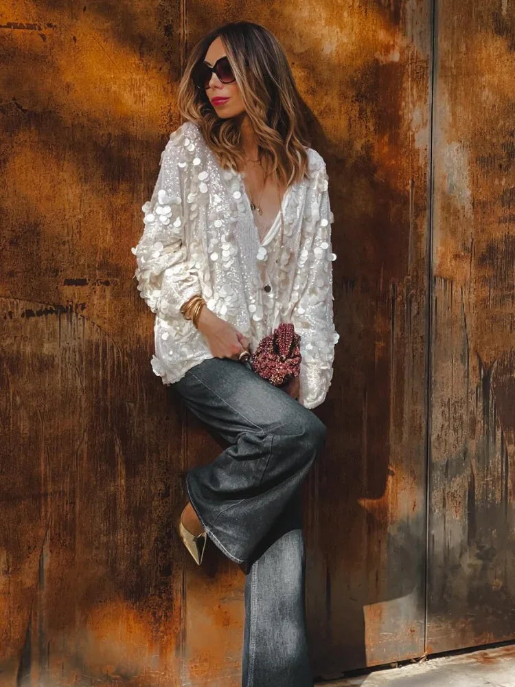 Fashion Women Sequined Lace Up Looseen Shirt Casual Female Long Sleeves V Neck Blouse 2025 Chic Female Spring Commute Streetwear