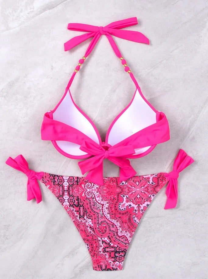 Push Up Halter Bikini Printed Swimsuit Women Sexy Strappy Swimwear Female Bathers Bathing Swimming Swim Suit Beachwear