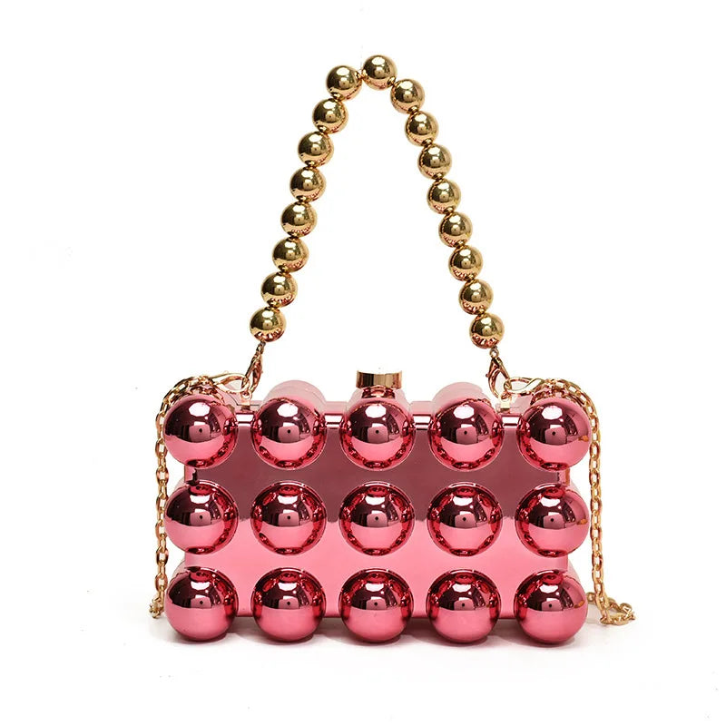 Gold Beaded Chain Banquet Purse Luxury Acrylic Cake Box Bag Women Niche Design Creative High-end Brand Elegant Shoulder Handbag