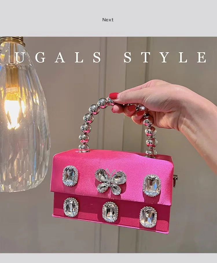 Luxury Designer Satin Square Box Crystal Shiny Diamonds Evening Bag Women's Handbag Wedding Party Clutch Purse Crossbody Bag